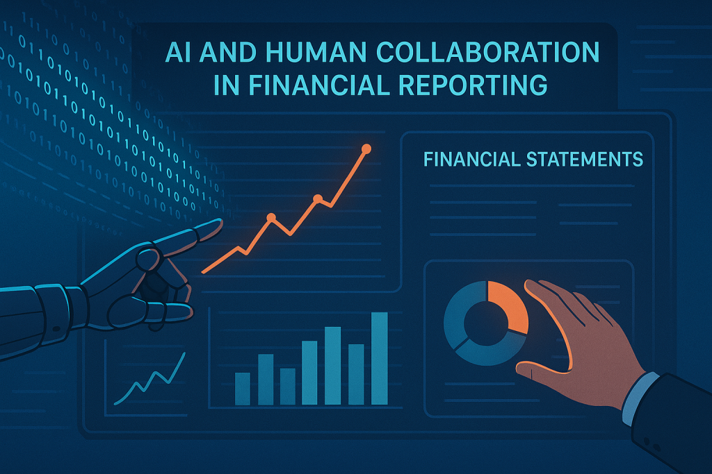 A futuristic financial dashboard with glowing graphs and charts being managed by robotic hands alongside human hands, showing the collaboration between AI and humans in financial reporting, with streams of digital data converting into clear financial statements