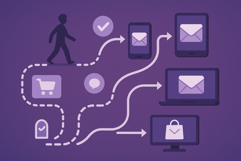 A sleek, modern visualization showing a customer journey map with email trigger points highlighted along the path, demonstrating how different actions activate targeted email responses in real-time. The image should include various devices receiving personalized emails after specific trigger events.
