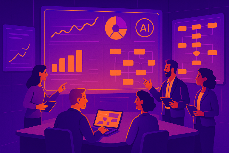 A futuristic control center with multiple digital screens displaying real-time workflow analytics dashboards with colorful data visualizations, AI insights, and process flows. Business professionals are collaborating while looking at the live data.
