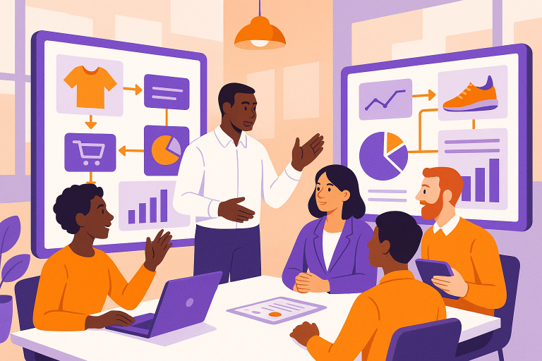 A modern e-commerce team working in an office environment with digital screens showing AI workflow diagrams and dashboards. The image should show diverse professionals collaborating around visual workflow templates with product images and data visualizations.