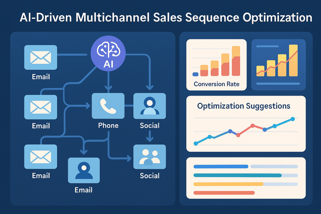 A split-screen visualization showing a dynamic, branching AI sales sequence with multiple touchpoints across email, phone, and social media, with data visualization elements showing performance metrics and optimization suggestions