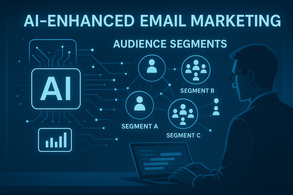 futuristic digital marketing dashboard showing AI analyzing email audience segments with visual data representations, customer profiles being sorted into distinct groups, with glowing connections between data points and a marketer reviewing the results on a modern interface