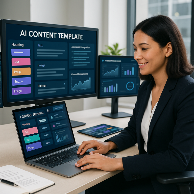 A futuristic workspace showing a professional using an AI content template system with multiple digital screens displaying dynamic content blocks, automated suggestions, and content performance analytics in a clean, modern office environment