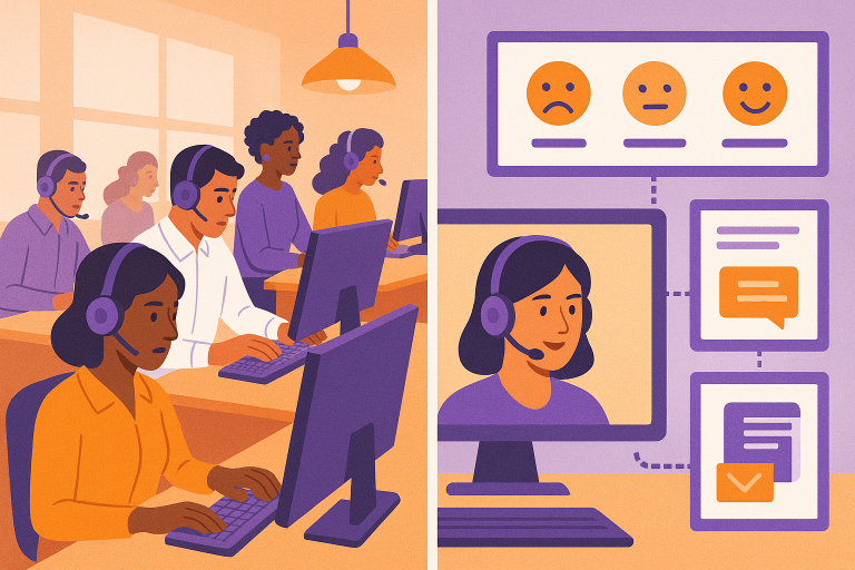 A split-screen visualization showing an e-commerce customer service center. On the left side, a traditional call center with agents manually handling inquiries. On the right side, an AI-powered system with virtual agents, sentiment analysis dashboards, and automated response templates in action.