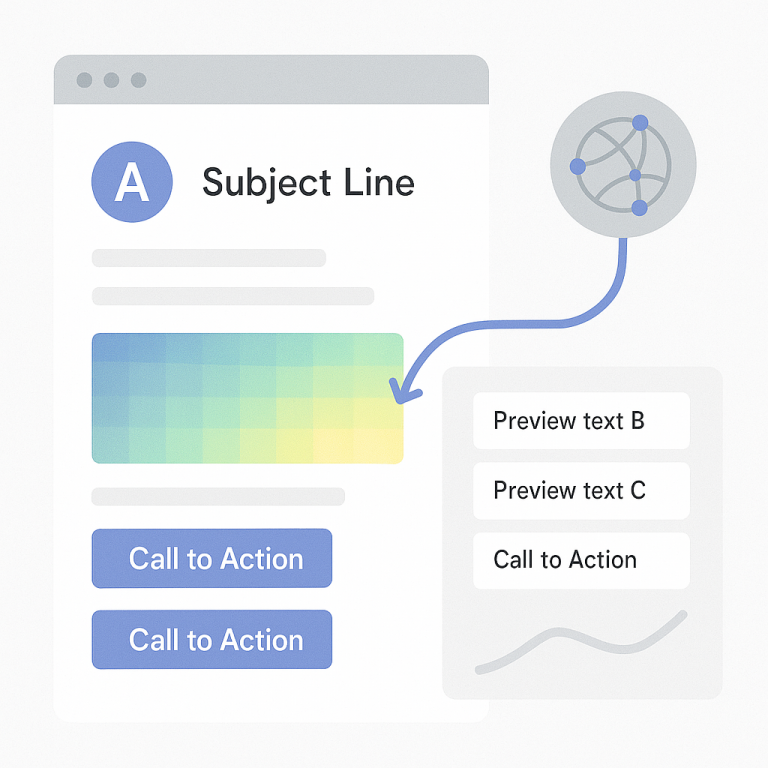A sleek interface showing an email being dynamically optimized by AI in real-time. The visualization should show multiple variations of preview text and CTAs being tested simultaneously, with a heatmap overlay showing engagement patterns, and data flowing into a machine learning model that's making optimization decisions.