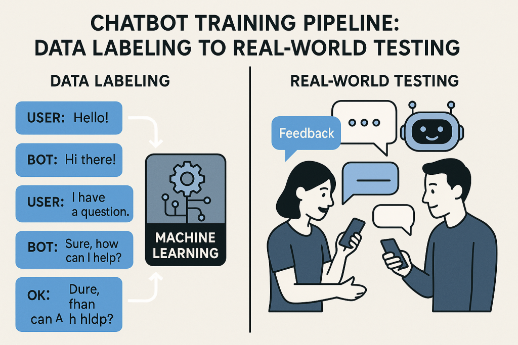 A split-screen visualization showing two sides of chatbot training: one side showing organized, labeled conversation data flowing into a machine learning system, and the other showing a testing environment with real users interacting with a chatbot interface and providing feedback