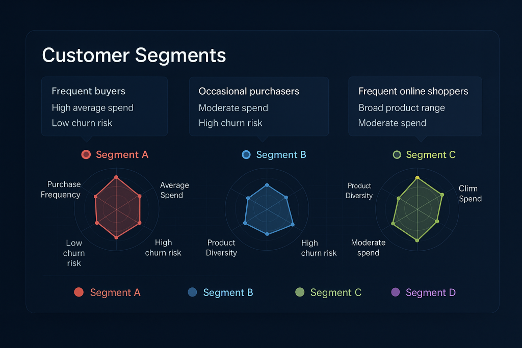 Marketing dashboard showing customer segment visualization with radar charts displaying different customer clusters based on purchasing behavior, with each cluster represented by a different color and annotations highlighting key segment characteristics