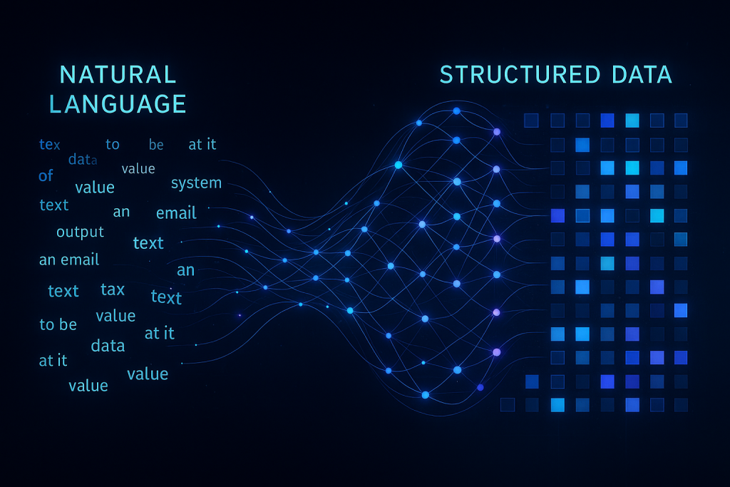 A futuristic visualization showing the process of natural language being transformed into structured data, with text fragments flowing through neural networks and emerging as organized patterns, illustrated in a blue and purple color scheme with glowing connections