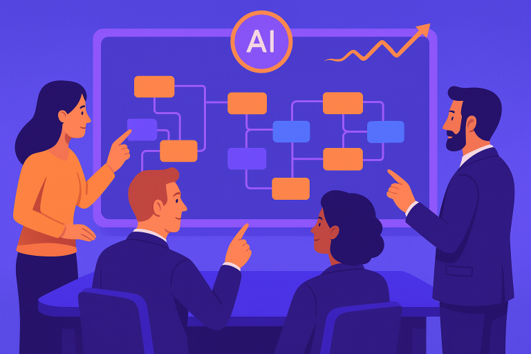 Modern office space with a small diverse team of four professionals collaborating around a large touchscreen display showing colorful automated workflow diagrams with AI elements, bright and optimistic atmosphere