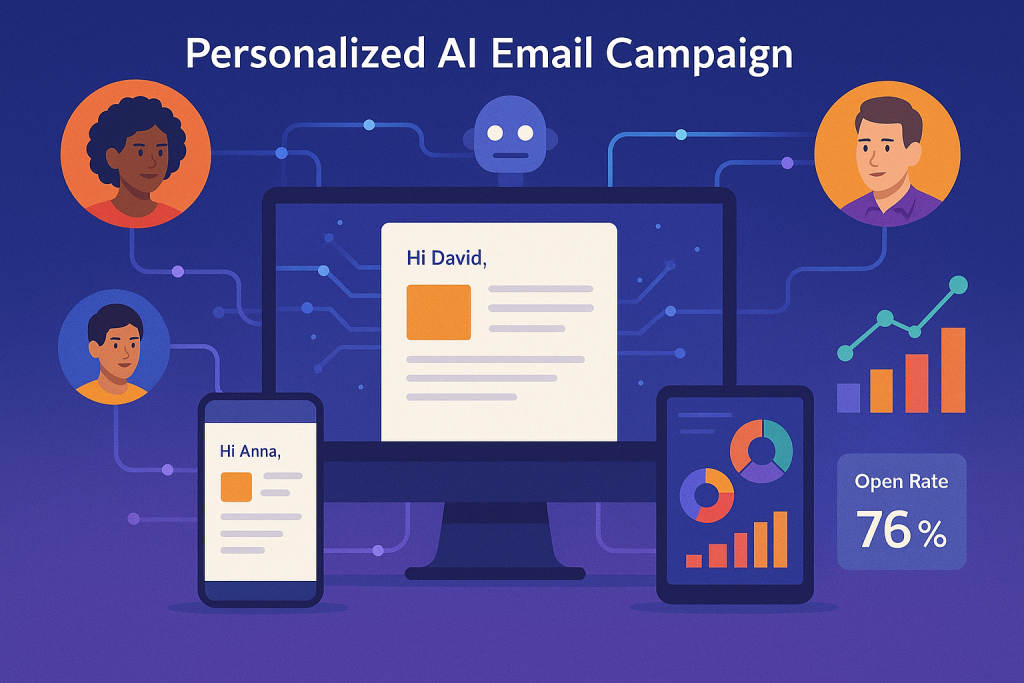 A striking visual of a personalized AI email campaign system with multiple customer segments represented by diverse avatars, each receiving tailored content displayed on various devices, with visible metrics showing improved engagement rates and data visualizations demonstrating the optimization process]