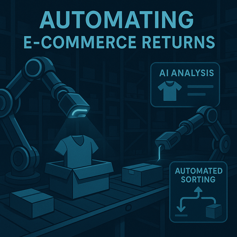 Modern warehouse setting with robotic arms scanning returned products on a conveyor belt, with digital interfaces showing AI analysis of product condition and automated sorting decisions