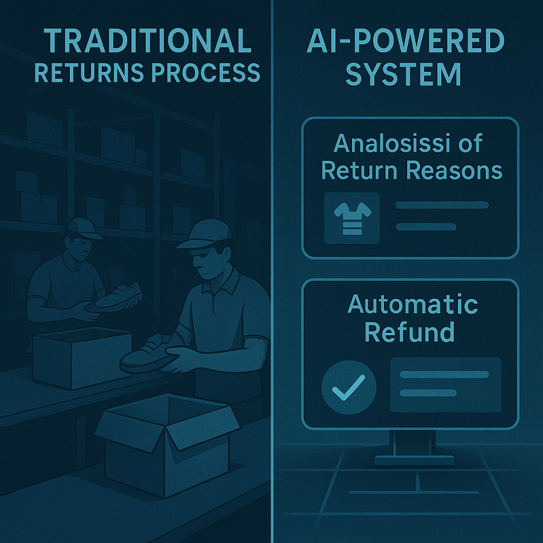 Split-screen comparison showing traditional returns process with human workers manually sorting items versus AI-powered system with digital interfaces analyzing return reasons and automatically processing refunds