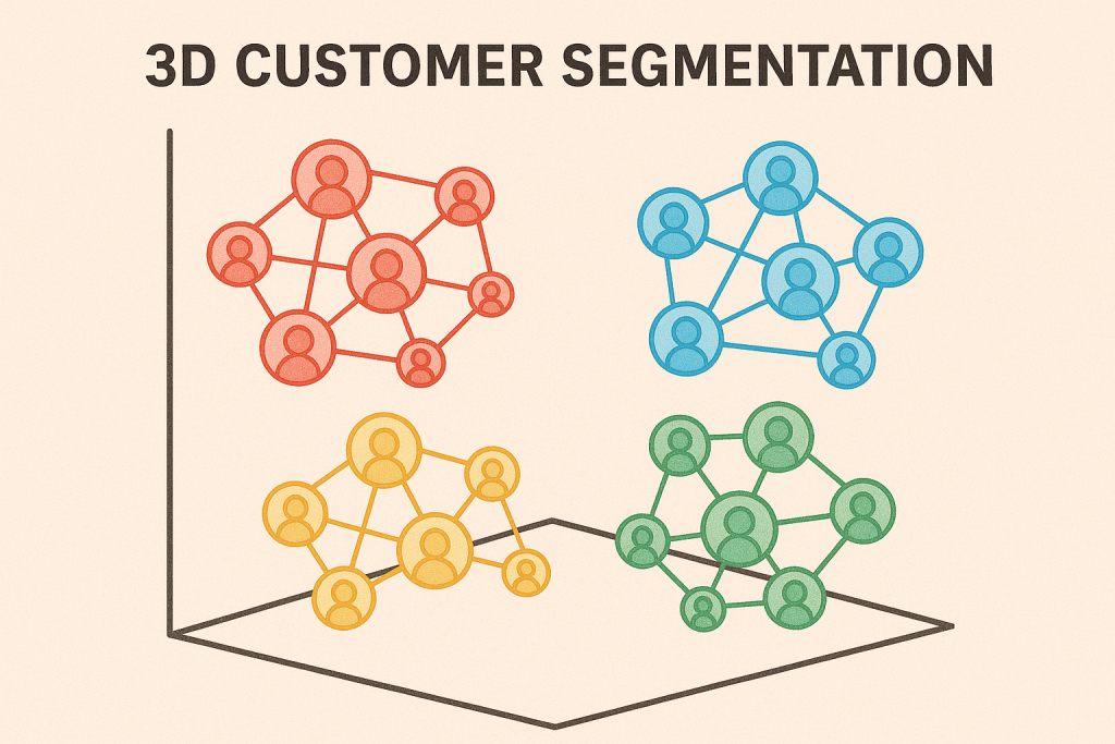 Data visualization showing colorful customer clusters with connecting points and lines forming a 3D segmentation map, with each cluster representing different customer types based on multiple variables