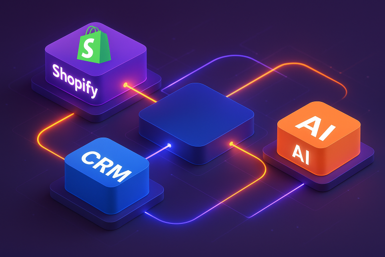 A 3D visual showing interconnected platforms with Shopify, CRM, and AI nodes linked by glowing data streams, representing seamless workflow integration in a modern digital workspace