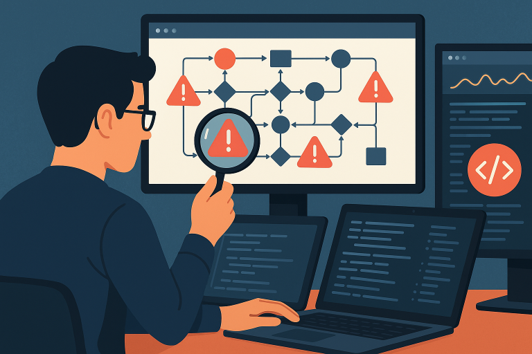A developer examining a complex AI workflow diagram with red error indicators and debugging tools on multiple screens, showing modern data visualization and analysis interfaces
