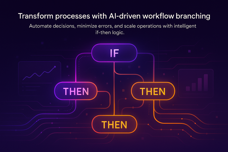 A futuristic visualization showing a flowing business process with glowing decision nodes branching into multiple paths, with AI analytics overlays and data flowing through the system in a modern digital workspace