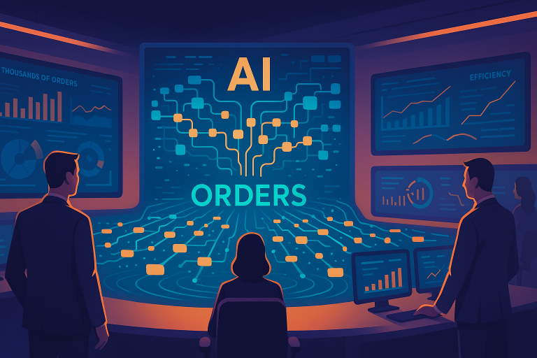 A futuristic command center with holographic displays showing order workflows, with AI systems managing thousands of orders flowing through an automated system while business professionals monitor dashboards showing efficiency metrics