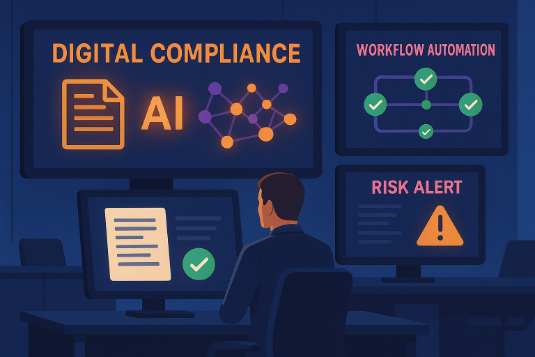 A futuristic digital compliance dashboard with AI analyzing regulatory documents, showing workflow automation with green checkmarks for compliant processes and risk alerts for potential violations, all displayed on multiple screens in a modern office setting