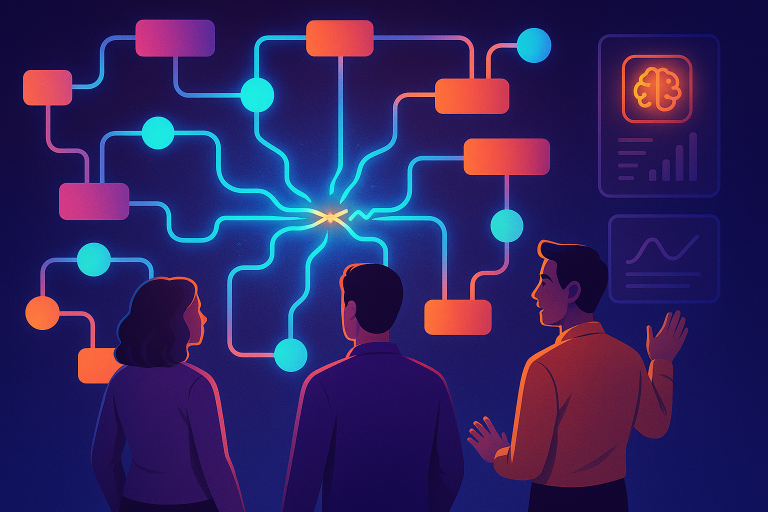 A futuristic digital workflow diagram with glowing blue and green pathways showing a self-repair mechanism, with a broken connection automatically healing itself as AI components monitor the process