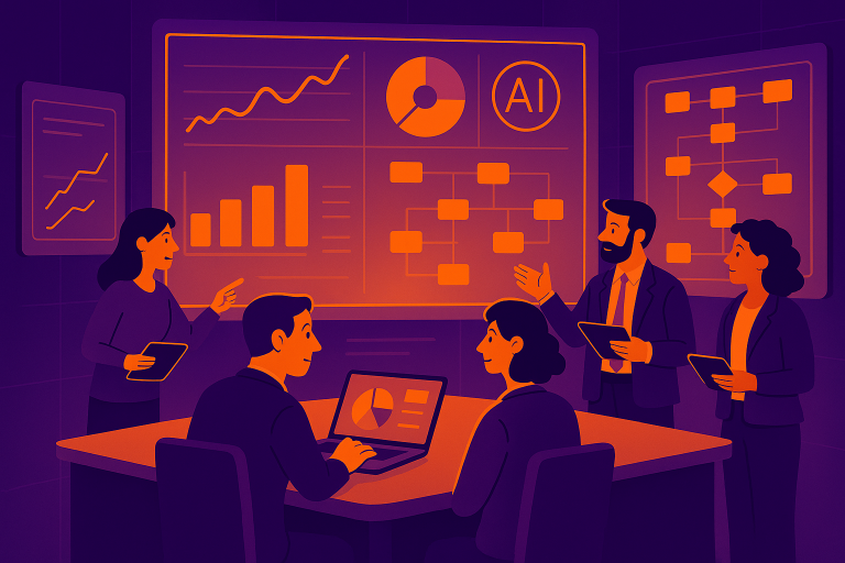 A futuristic digital workspace showing multiple versions of a workflow diagram with glowing blue connection lines between nodes, AI elements analyzing changes, and team members collaborating remotely through holographic interfaces