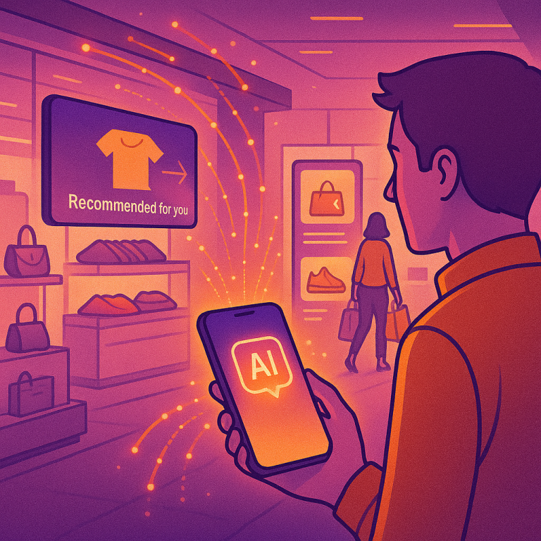 A futuristic shopping scene showing a person using a smartphone with a glowing AI assistant interface that's recommending products. Digital elements connecting the phone to store displays with personalized suggestions appearing. Sleek, modern retail environment with a blend of physical and digital shopping elements.