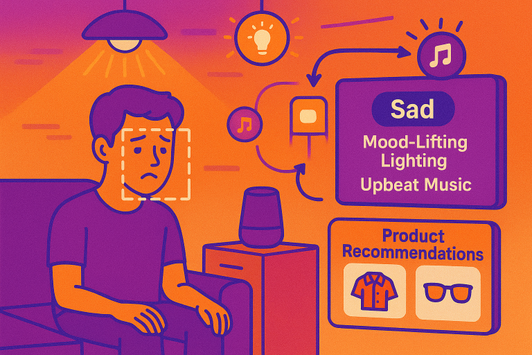 A futuristic smart home environment where emotional AI integrates with various devices - a person's sad expression is detected, triggering mood-lifting lighting changes, upbeat music, and product recommendations on a wall-mounted display