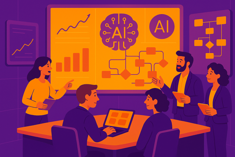 A modern, bright workspace showing diverse professionals collaborating around digital screens displaying AI visualizations, with both humans and AI working seamlessly together on complex data and creative projects, conveying partnership and innovation