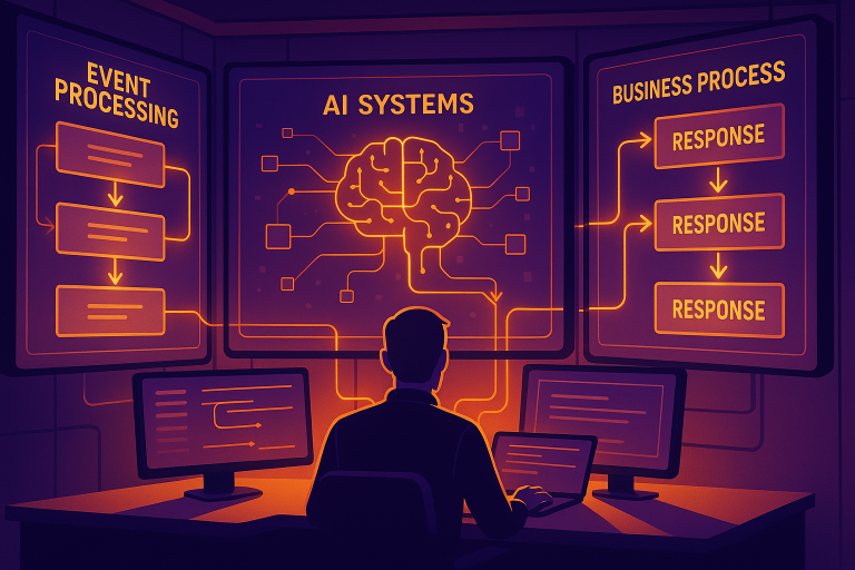 A modern command center with multiple screens displaying real-time event processing flows, with glowing connection lines between events and automated responses, showing AI systems monitoring business processes in a futuristic environment