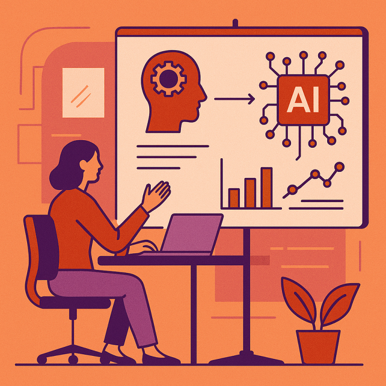 A professional workspace showing a person collaborating with AI on a large screen, with visual representations of data flowing between human decisions and machine processing, illustrated in a clean, modern style with blue and white color scheme