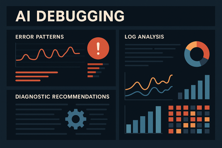 A sophisticated AI debugging dashboard showing error patterns, log analysis, and automated diagnostic recommendations with colorful graphs and data visualizations against a dark interface