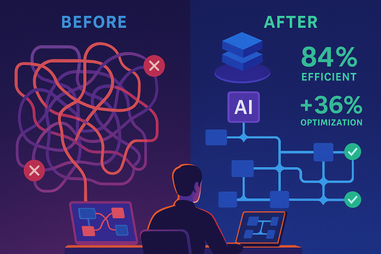 A split-screen visualization showing before/after workflow optimization: left side shows a complex, tangled process diagram with bottlenecks highlighted in red; right side shows the same workflow streamlined by AI with efficiency metrics, green optimization indicators, and a 3D timeline showing version history floating above the diagram