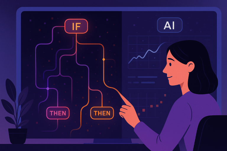 A split-screen dashboard showing an AI system analyzing workflow patterns, with colorful branching decision trees on one side and performance metrics charts on the other, highlighting optimization points with a business user interacting with the interface