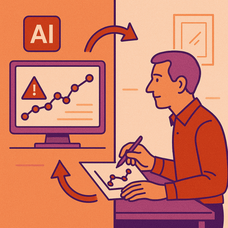 A split-screen visualization showing an AI system flagging an unusual data point on one side, and a human expert analyzing and providing guidance on the other side, with arrows indicating the circular workflow between them in a modern office environment