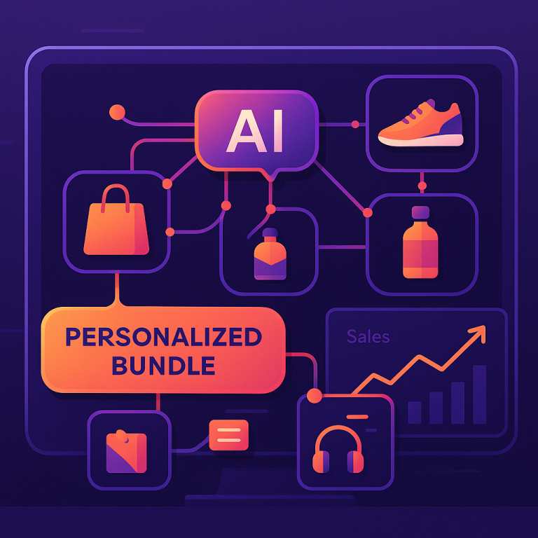 Futuristic visualization of AI analyzing product relationships and automatically creating personalized product bundles with connecting lines between complementary items, displayed on a digital interface with analytics graphs showing increased sales metrics