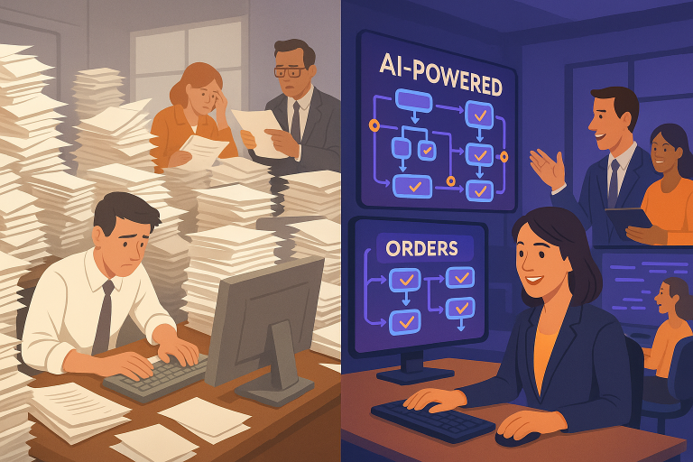 Split-screen visualization showing a traditional office with mountains of paperwork and staff manually processing orders on the left, contrasted with an AI-powered digital workflow system with automated processing and happy staff focusing on customer service on the right