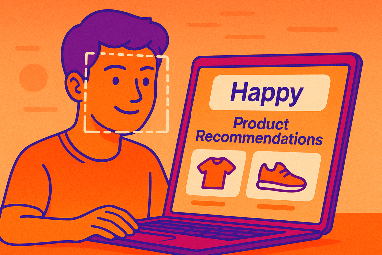 A person shopping online with a facial expression recognition interface highlighting their emotional state, with product recommendations changing based on detected mood - digital illustration in modern tech style