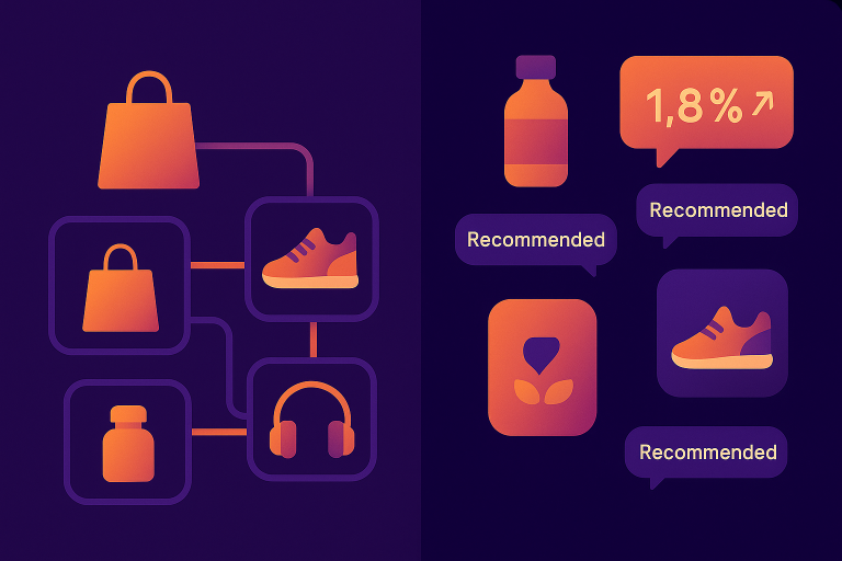 Split-screen comparison showing a traditional static product bundle display versus an AI-powered dynamic bundling system with personalized recommendations and real-time optimization metrics, featuring diverse product categories being intelligently combined