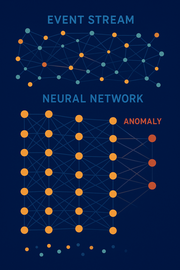 An abstract visualization of AI analyzing patterns in event streams, with colored nodes representing different events and neural network layers detecting patterns, anomalies highlighted in red against a deep blue background