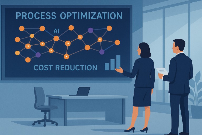 A futuristic office setting with digital workflow visualizations showing process optimization, with AI elements represented by glowing nodes connecting different business operations, in a clean professional environment with business professionals analyzing cost reduction data